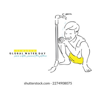 Line art vector of a kid from dry lands without fresh water . Global Water day concept. Conserve Water and preserve Life. Save water and save future.