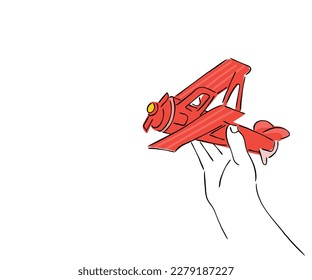 Line art vector of a kid trying paper plane. Idea of innovation and creativity.