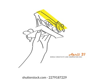 Line Art Vektorgrafik eines Kindes, das Papierflugzeug ausprobiert. Idee von Innovation und Kreativität.