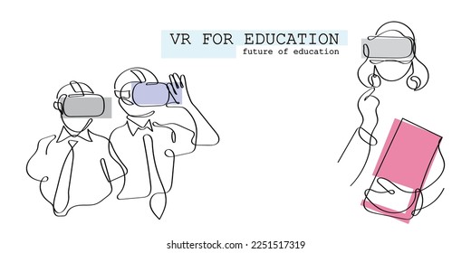 Line art vector of kids and instructor in classroom using VR Headset.