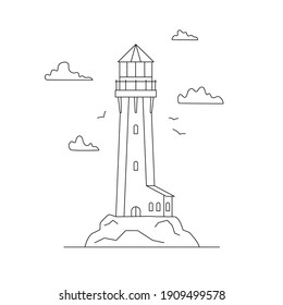 Line art vector of lighthouse building with natural landscape, path lighting. Searchlight tower, marine navigation of ships. Sea pharos or beacon. Linear lighthouse marine and ocean theme seaside.