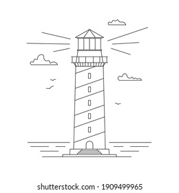 Line art vector of lighthouse building with sea ocean water landscape, path lighting. Searchlight tower, marine navigation of ships. Linear lighthouse marine theme seaside. Sea pharos or beacon.