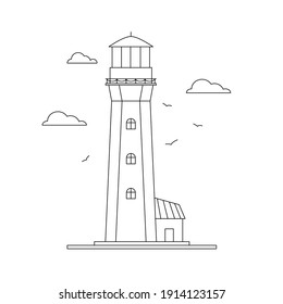 Line art vector of lighthouse building with natural landscape, path lighting. Searchlight tower, marine navigation of ships. Sea pharos or beacon. Linear lighthouse marine and ocean theme seaside.