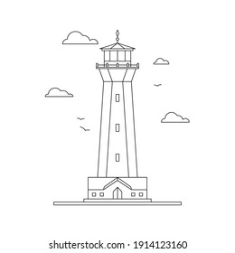 Line art vector of lighthouse building with natural landscape, path lighting. Searchlight tower, marine navigation of ships. Sea pharos or beacon. Linear lighthouse marine and ocean theme seaside.