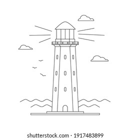 Line art vector of lighthouse building with sea ocean water landscape, path lighting. Searchlight tower, marine navigation of ships. Linear lighthouse marine theme seaside. Sea pharos or beacon.