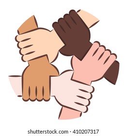 Line Art Vector lllustration of Five Hands Holding Each Other as an Interracial Solidarity