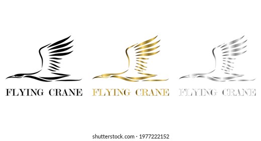 Line art vector logo of crane that is flying three color black gold silver