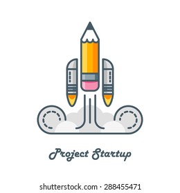 line art vector logo of pencil with rocket engines education knowledge start up project concept