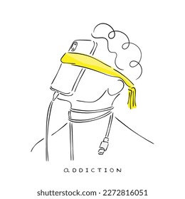 line art vector of a man with his smart phone tied around his face. Smart phone and screen addiction concept art.