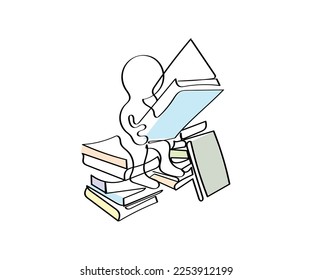 Vector de línea de arte del hombre sentado en la pila de libros y leyendo uno. Arte de amante de los libros.