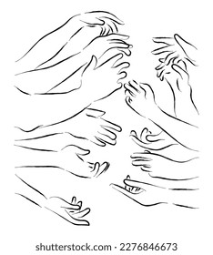 line art vector of many arms together. Multicultural hands together in harmony. Diversity and coexistence concept. Connection and empowerment. 