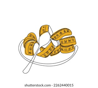 Line art vector of a measuring tape placed on a plate. Eating disorder and health concerns symbol.