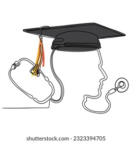 line art vector of Medical education concept as a doctor wearing a graduation hat or mortar board as a metaphor and symbol of health care  medicine professor.