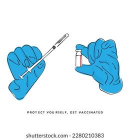 Line art vector of a medical professional with shot of vaccine. Get vaccinated and save lives.