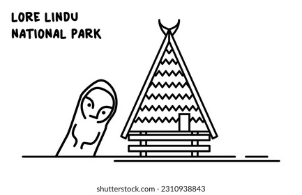 Line art vector megalithic statues and traditional houses in lore lindu national park, poso, central sulawesi. It is suitable for background designs, covers, ornament designs and others.
