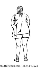 Line art vector of a middle-aged woman standing, rear view. Wearing sandals, shorts, long-sleeved top, and fabric shoulder bag. Clean hand-drawn outline without shading, isolated on white