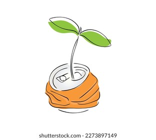 line art vector of miracles of nature. Nature always win and makes its ways. A small plant growing out of a tin.