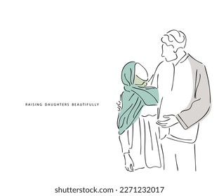 Line art vector of A Muslim father or elder brother with his daughter or younger sister in hijab. Parenthood concept art. Women in Islam. Upbringing of girls in Muslim society art.