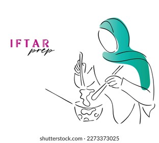 line art vector of a Muslim Woman preparing Iftar. Women in Islam.