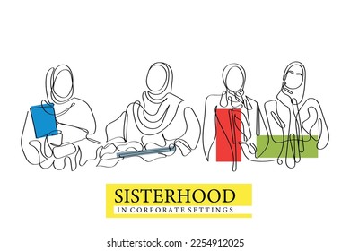 Line art vector of Muslim women in corporate settings. Entrepreneurship. Empowered Muslim women. Hijab concept.