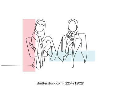 Line art vector of Muslim women in corporate settings. Entrepreneurship. Empowered Muslim women. Hijab concept.