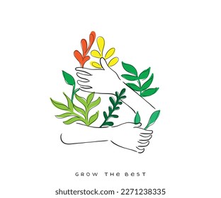 Line art vector of  a nature lover person embracing plants. Go green and save the best. Vegans day art.