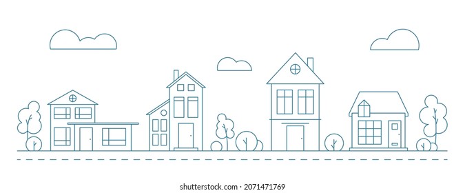 Line Art Vector Neighborhood Illustration With Houses. Cityscape With Blue Residential Buildings.