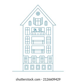 Line art vector neighborhood illustration with one house. Cityscape with blue residential building.