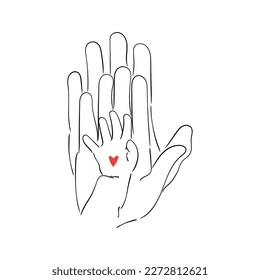 line art vector of a new born baby hand on the palms of both parents. Motherhood and fatherhood concept art.