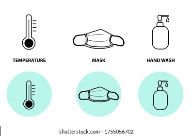 Line art vector of new normal kit: mask, thermometer, and hand wash