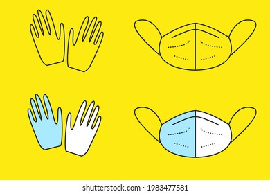 Vektorobjekt der Linie. Covid-19. FFP2 Maske, Handschuhe. Zeichensatz. Schutz vor Viren. Selbstisolierung, Quarantäne. Ankündigung, Teller, Symbol.