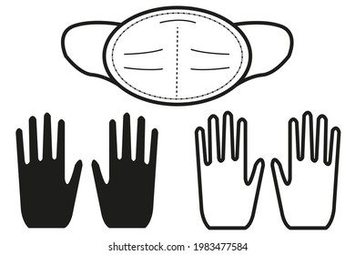 Objeto vector de arte de línea. Covid-19. Máscara FFP2, guantes. Conjunto de signos. Protección contra el virus. Autoaislamiento, cuarentena. Anuncio, plato, icono.