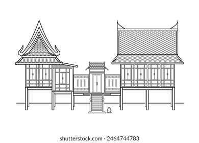 Line art vector of Old Thai style wooden house in the country drawing in black and white