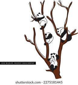 Line art vector of a panda family. Conserve Wildlife and their habitat. Animal rights protection awareness. Pandas are cutest wild animals.