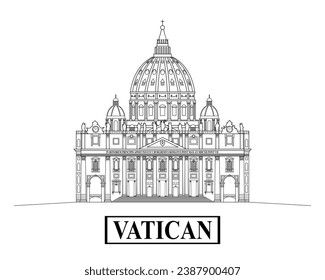 Line art vector of The Papal Basilica of Saint Peter in Vatican City or Saint Peters Basilica church drawing in black and white cartoon vector
