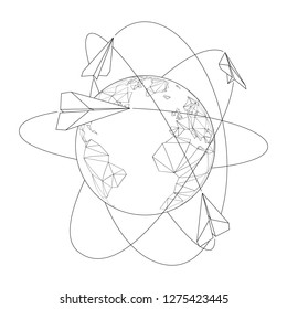 Line art vector of paper planes flying around Planet Earth depicting globality.