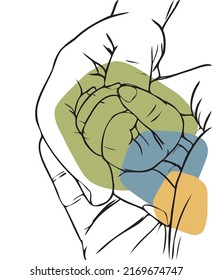 Vector de línea de arte de padre sosteniendo la mano de bebé con fondo minimalista.