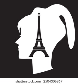 Line art vector of Paris France symbol with Eiffel tower thru side view of lady