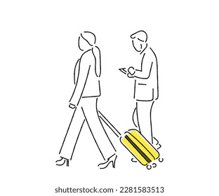 line art vector of passengers at airport. Busy corporate life concept. Isolated sketch of executive lifestyle.