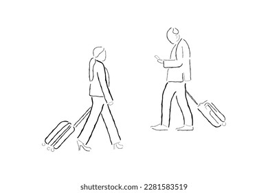 line art vector of passengers at airport. Busy corporate life concept. Isolated sketch of executive lifestyle.