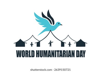 Line art vector of a peace dove flying above a refugee camp with humanitarian workers. Emotional, symbolic art for World Humanitarian Day. High resolution, white background, powerful message.