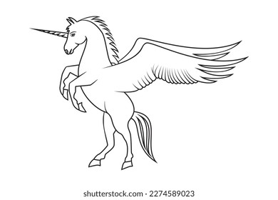 Line art vector of pegasus with horn or unicorn legendary creature seems horse with horn forehead and two wings action lifting  front leg drawing in black and white