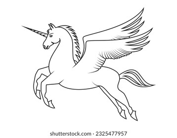 Line art vector of pegasus with horn or unicorn legendary creature seems horse with horn forehead and two wings action flying in the air drawing in black and white