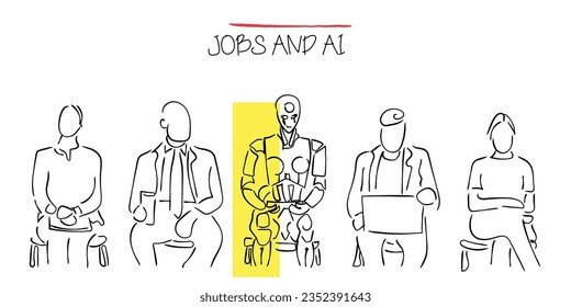 line art vector of people and a robot waiting in line for a job interview. Business people and humanoid robot.