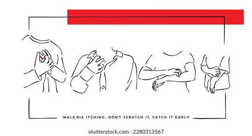 vector de arte de línea de personas que sufren de picazón debido a la picadura de un mosquito. Día mundial de la malaria.