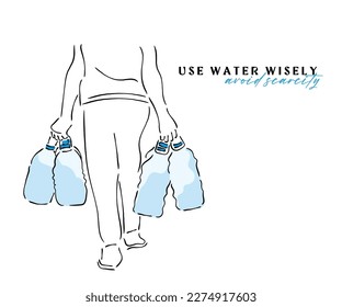 Line art vector of a person carrying fresh water bottles . Global Water day concept. Conserve it and preserve Life. Save water and save future.