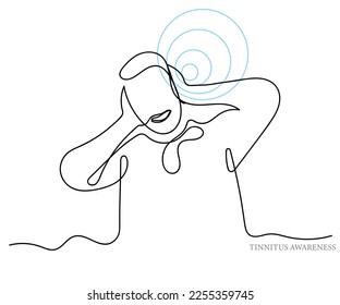 Line art vector of a person suffering from tinnitus. Ringing ears. Tinnitus awareness.