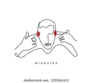 vector de arte de línea de una persona que sufre de dolor de cabeza. Arte vector migraña.