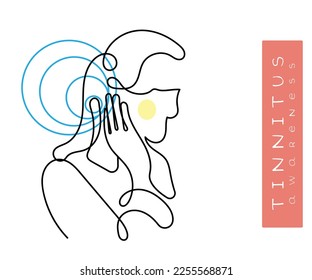 Vector de línea de arte de la persona que sufre de tinnitus. Enfermedad de los oídos resonantes. Insuficiencia auditiva.