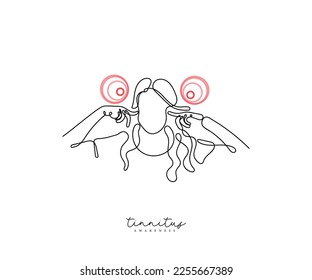 line art vector of a person suffering from tinnitus. Need of otoscopy. Ear exam concept art.